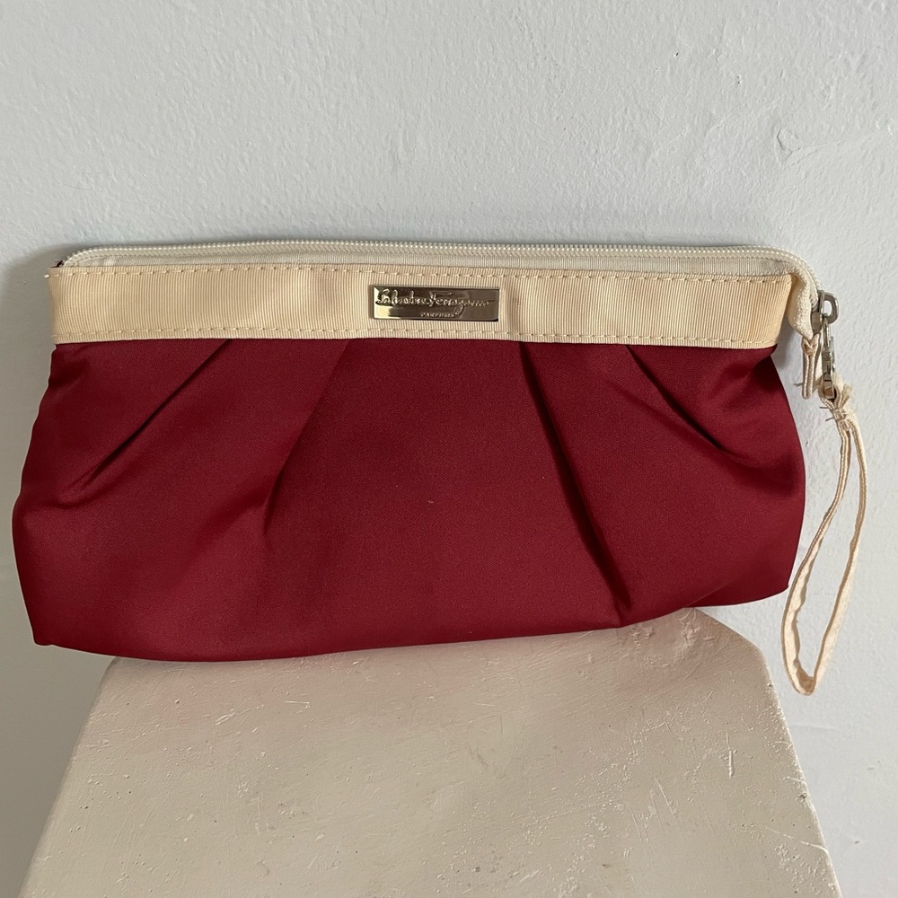 Salvatore Ferragamo Parfums Burgundy Cream Cosmetic Evening Wristlet Bag Clutch